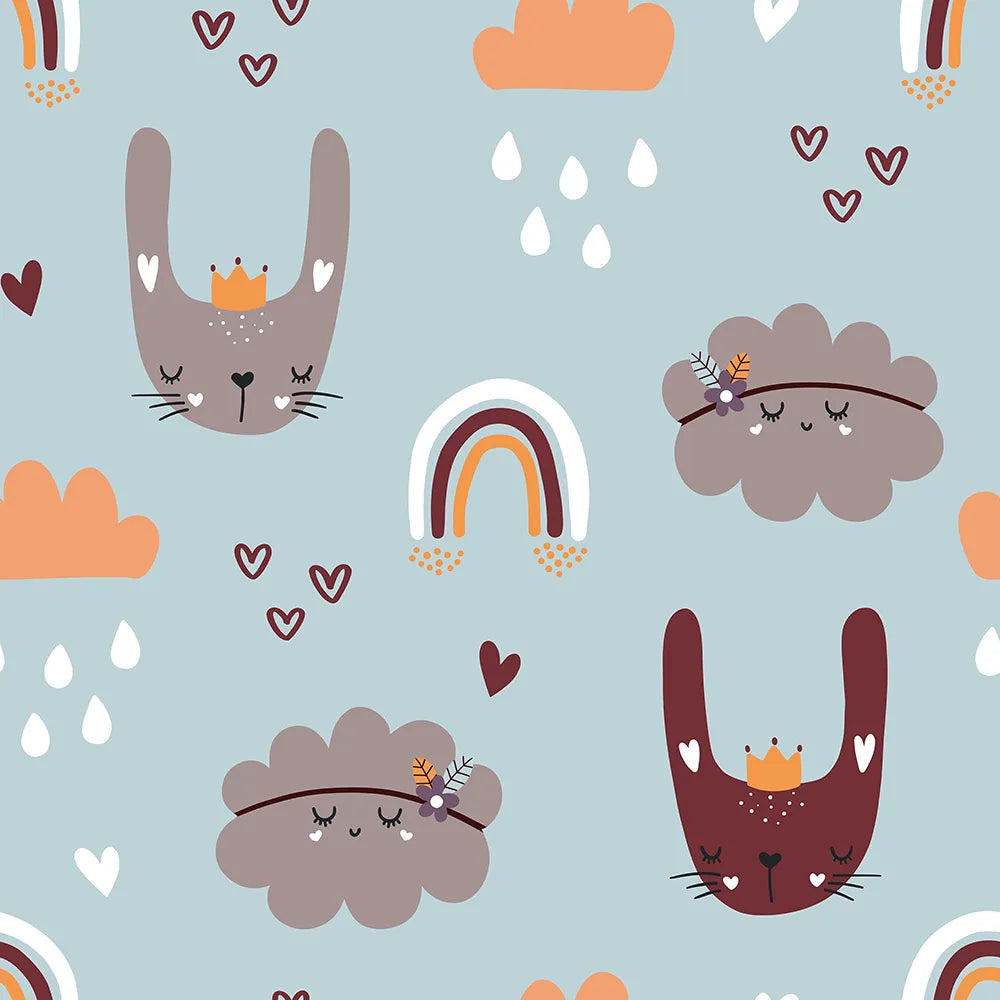 Comfortable dreamy bunny and rainbow kids room nursery wallpaper feels relaxing.