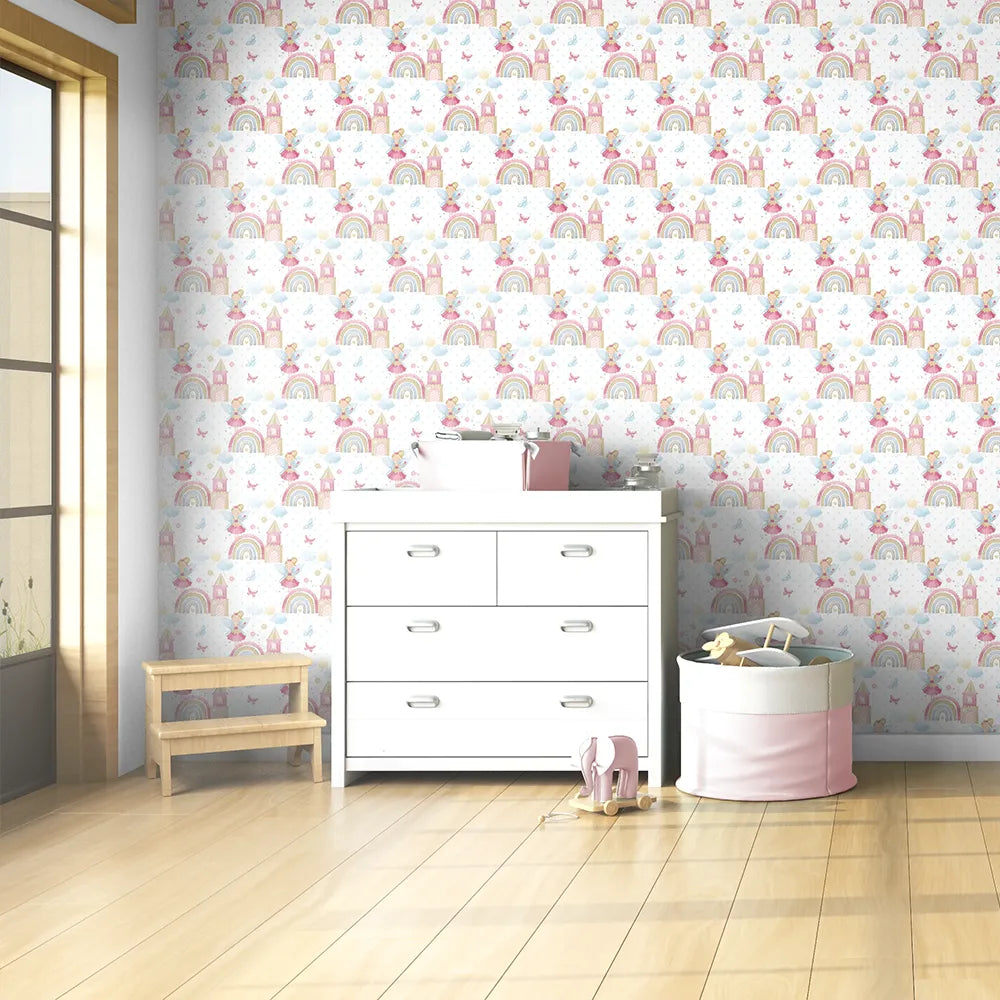 Comfortable fairy princess rainbow castle kids room wallpaper feels soft.