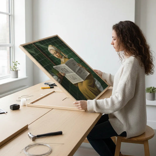 Comfortable funny girl with a pearl earring parody bathroom art poster sticker softens interior.