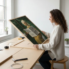 Comfortable funny girl with a pearl earring parody bathroom art poster sticker softens interior.