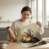 Comfortable funny modern Mona Lisa parody art poster sticker adds a playful office vibe.