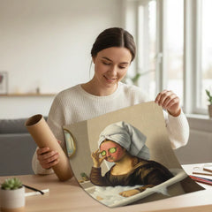 Comfortable funny modern Mona Lisa parody art poster sticker adds a playful office vibe.