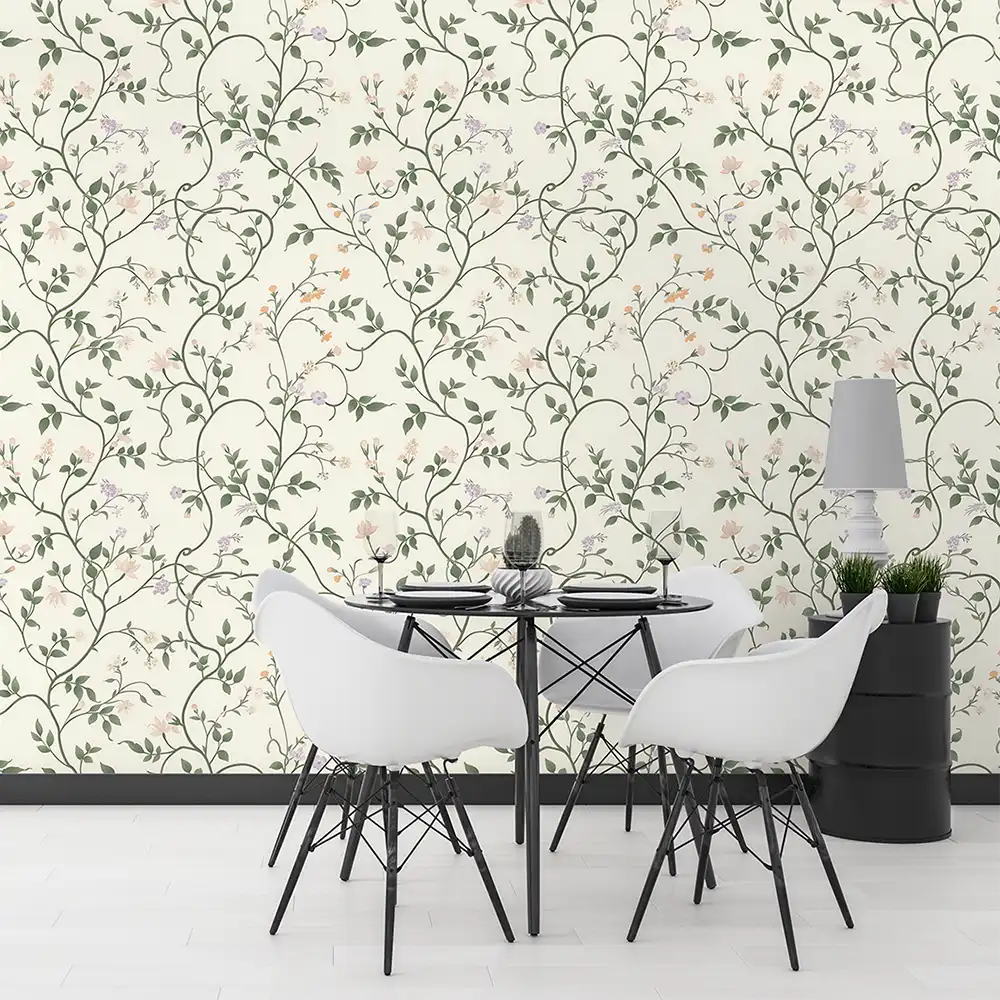 Comfortable ivory botanical vine wallpaper sticker for bedroom wall adds softness.