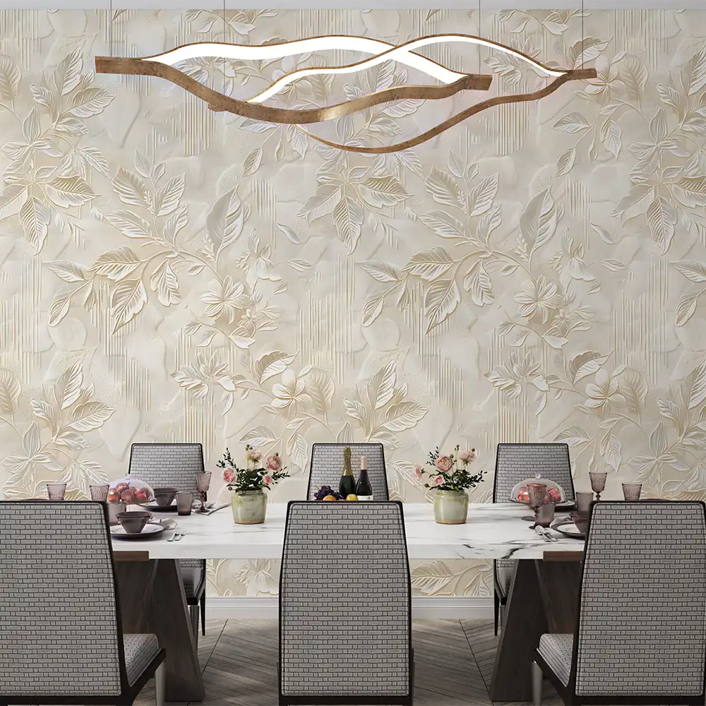 Comfortable luxury botanical relief wall mural sticker for bedroom adds serenity.