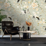Comfortable sage green chinoiserie crane wallpaper sticker for office wall decor adds calm.