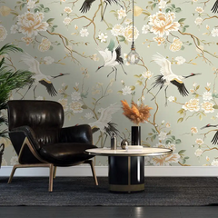 Comfortable sage green chinoiserie crane wallpaper sticker for office wall decor adds calm.