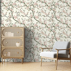 Comfortable soft pink sakura botanical wall mural sticker for bedroom wall adds softness.