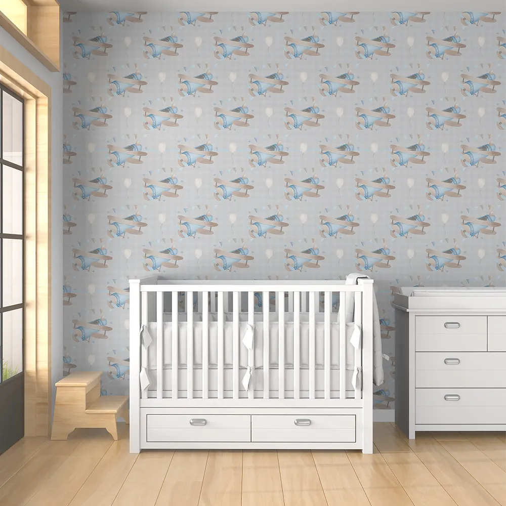 Comfortable vintage airplane soft pastel kids room wallpaper, wall sticker.