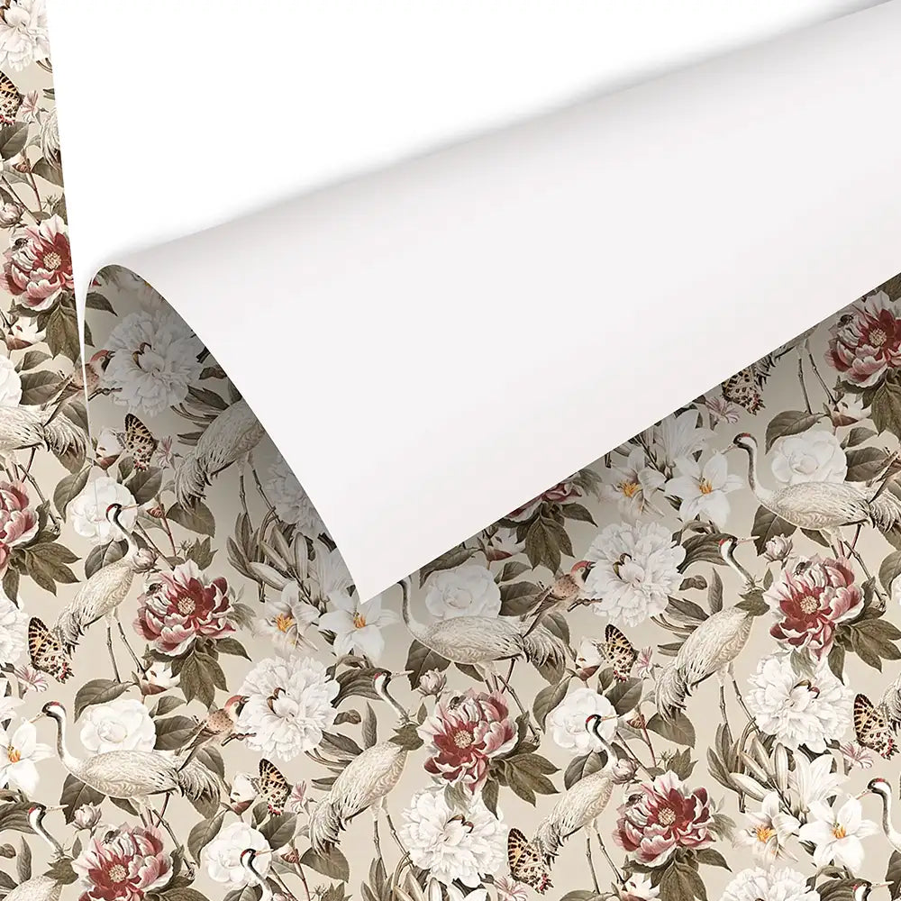 Comfortable vintage crane and peony botanical wallpaper softens interior design.