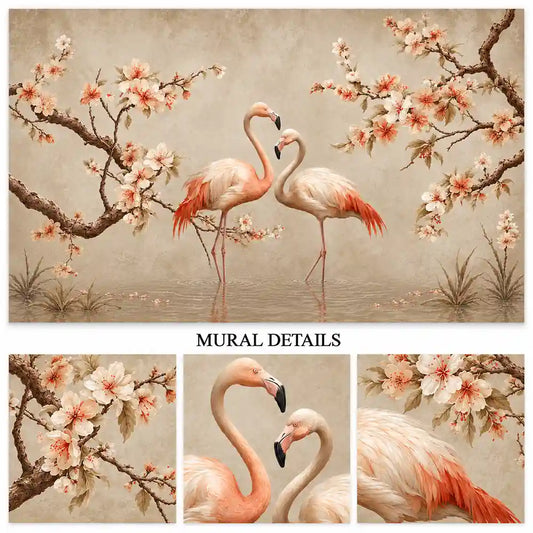 Flamingo blossom mural details with coral flamingos, blossoming branches and soft beige texture