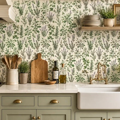 Herb garden wallpaper above a farmhouse sink in a sage green cottage kitchen
