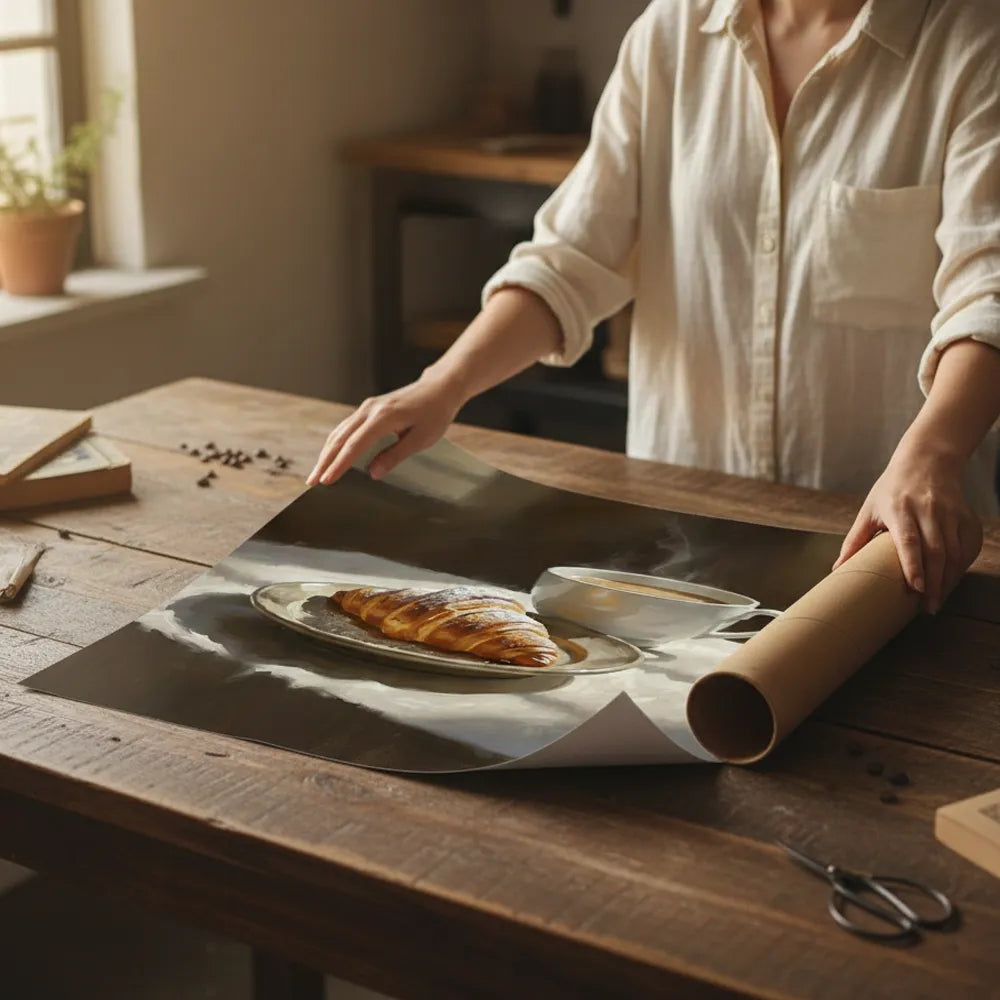 Cozy coffee and pastry still life art poster sticker for home wall adds warmth.