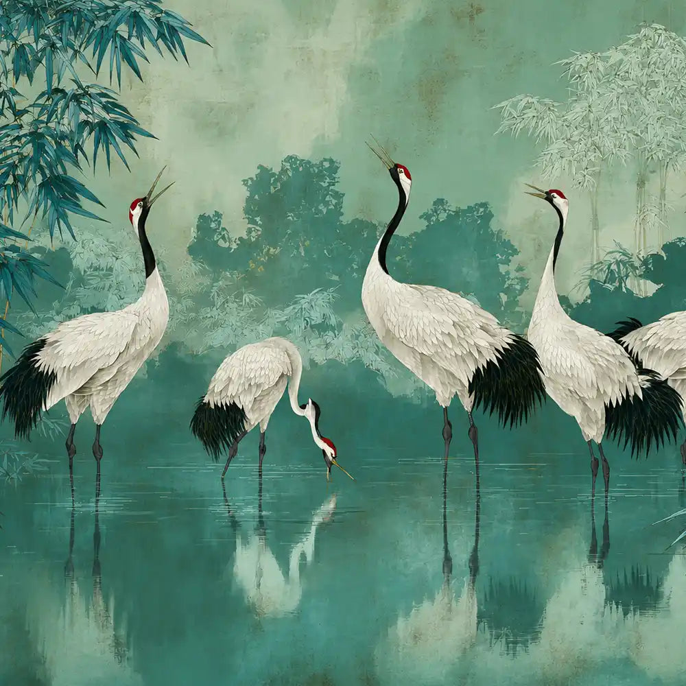 Crane mural wallpaper design with white cranes, bamboo and emerald water reflections