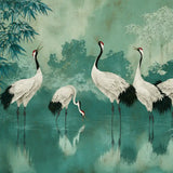 Crane mural wallpaper design with white cranes, bamboo and emerald water reflections