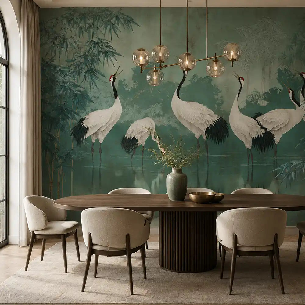 Tranquil crane sanctuary mural in an emerald dining room with cluster pendants