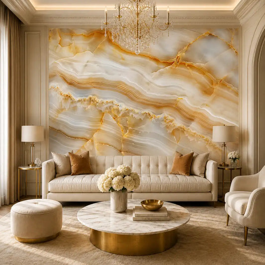Champagne onyx mural wallpaper in a cream living room with tufted sofa and gold table