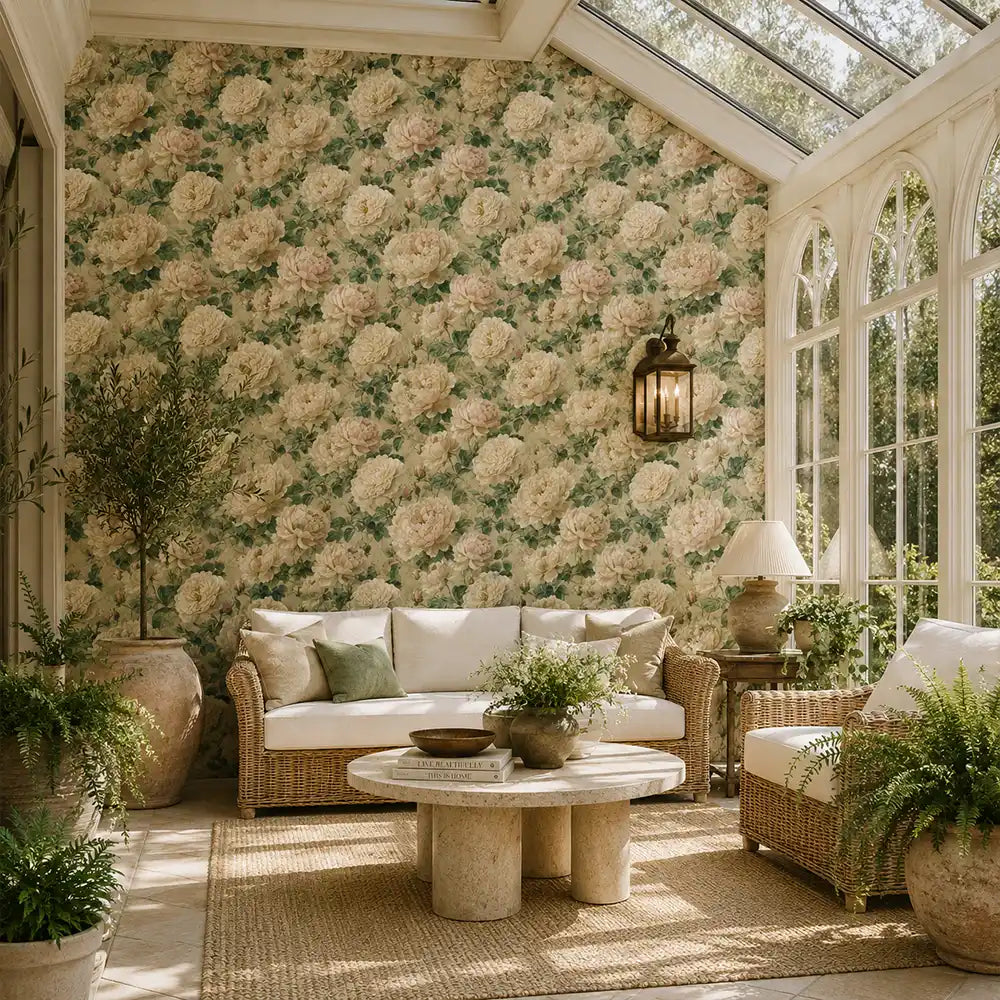 Full panel of cream peony wallpaper covering a floor to ceiling wall.