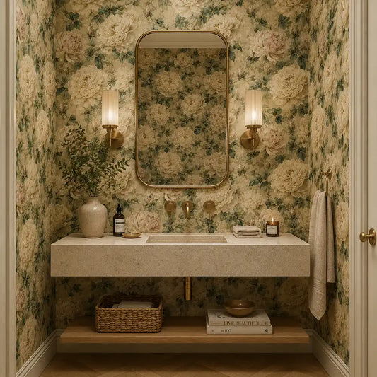 Pattern detail of cream peony wallpaper showing layered petals and leaves.