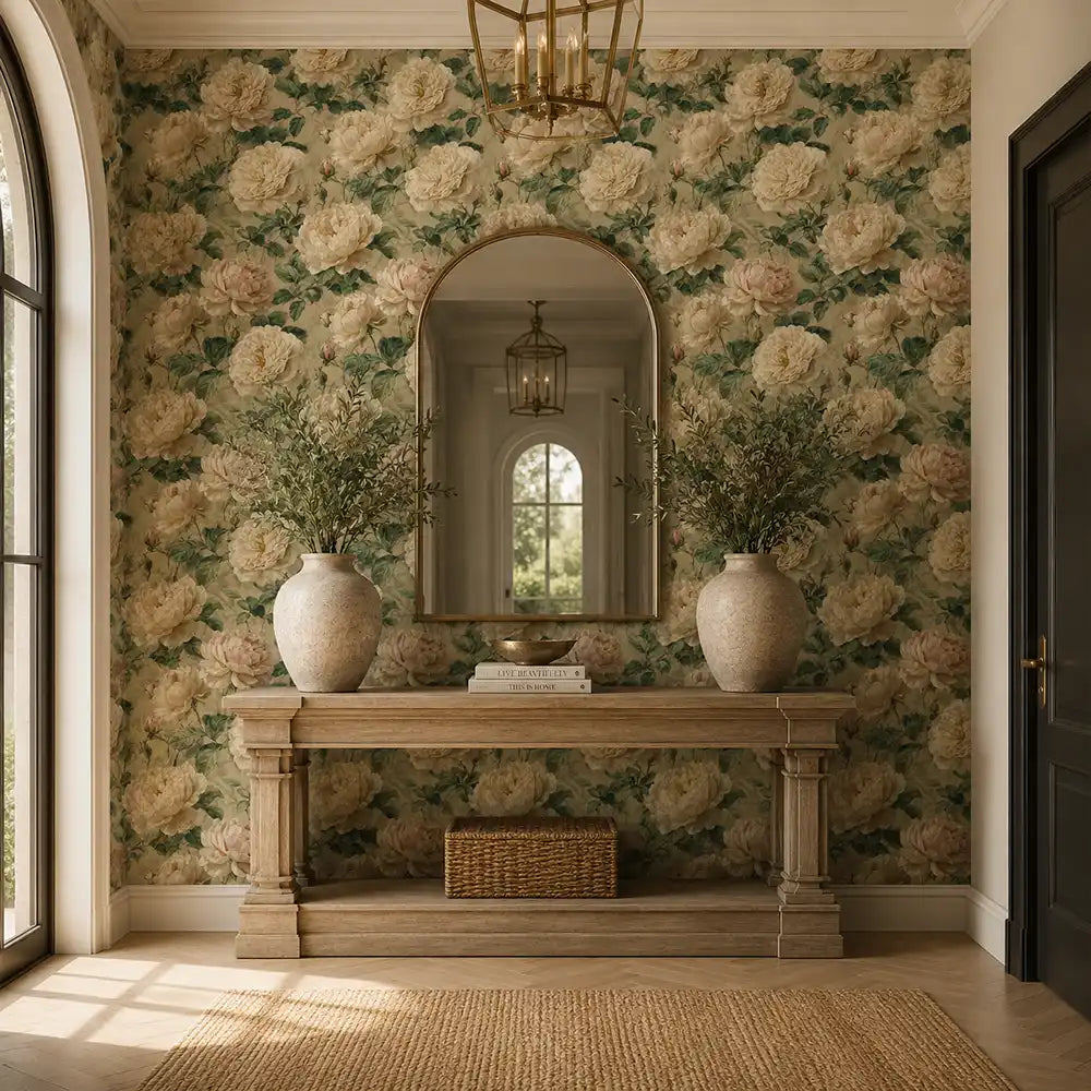 Texture close up of cream peony wallpaper with a matte painted surface.