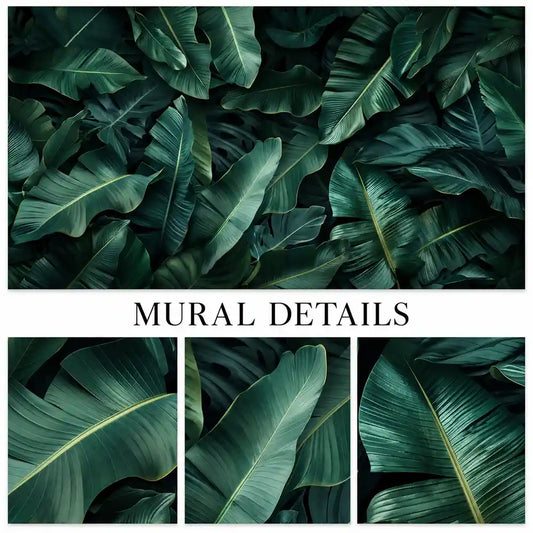 Banana leaf wallpaper details with dark emerald fronds, split edges and pale green veins