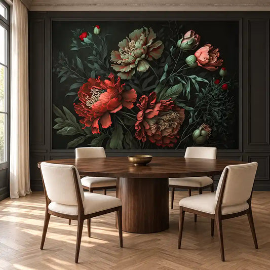 Dark floral wallpaper with red peonies as a moody dining room accent wall