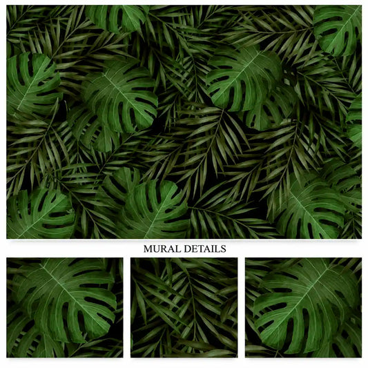 Close-up details of dark green monstera and palm leaves tropical wall mural