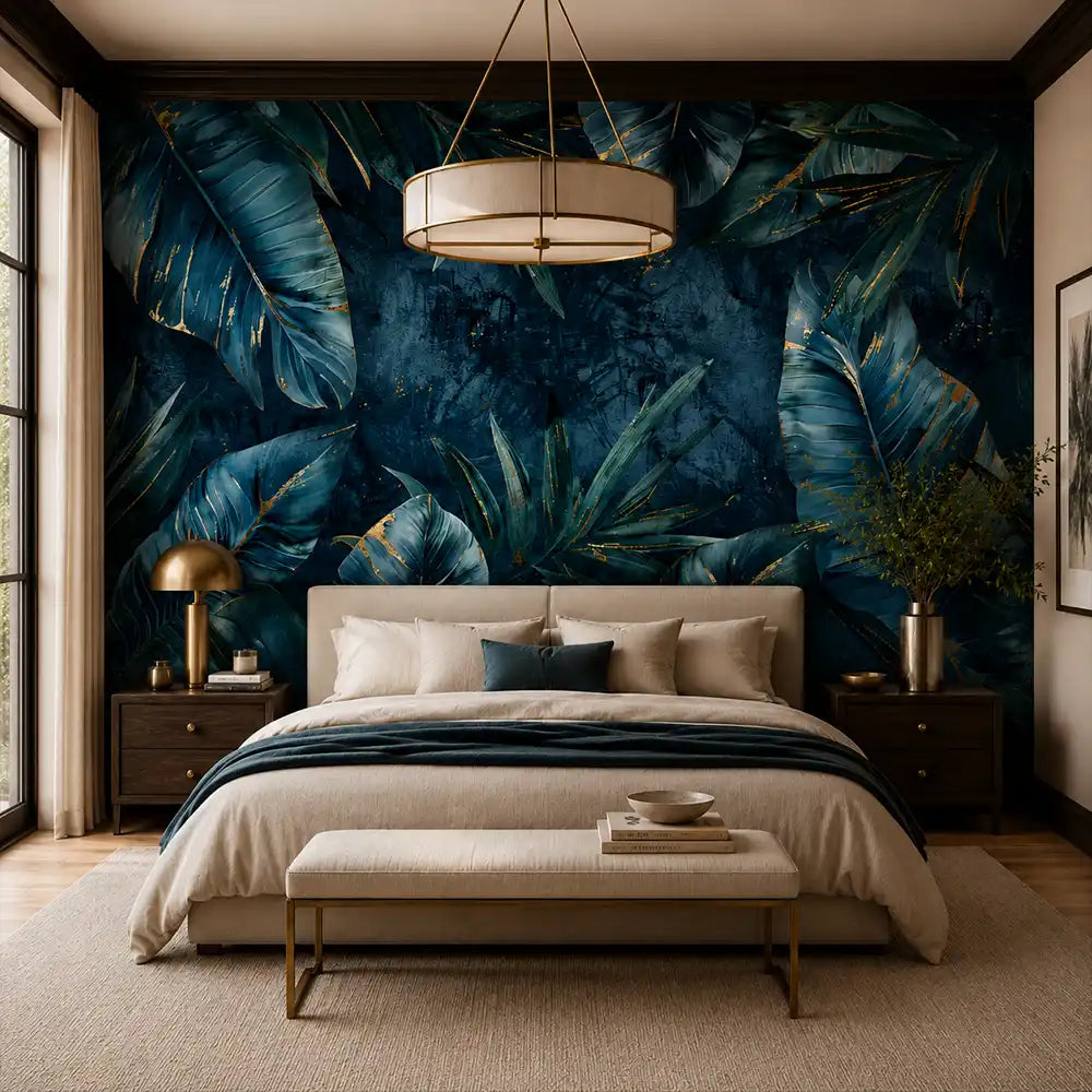 Midnight tropical wallpaper above a bed in a dark luxe bedroom with drum pendant