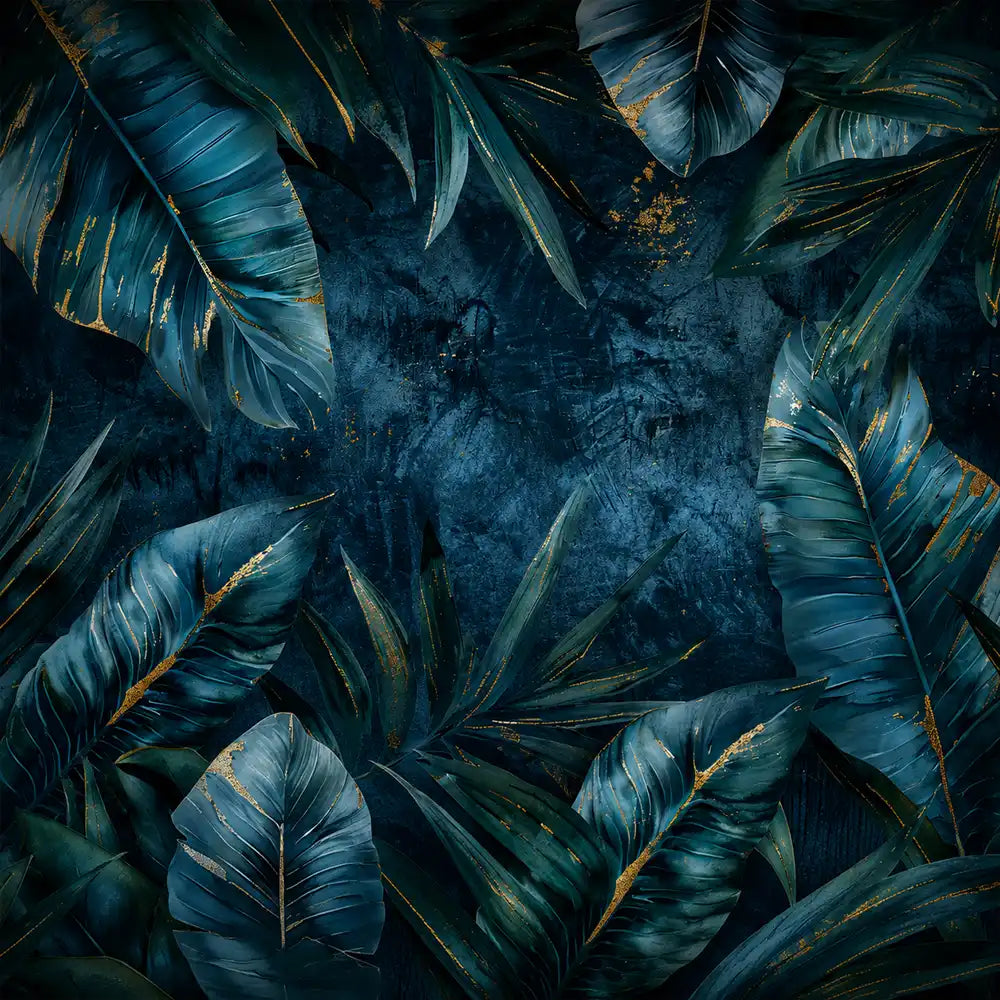 Dark teal banana leaf pattern with gold veining, midnight tropical wallpaper design