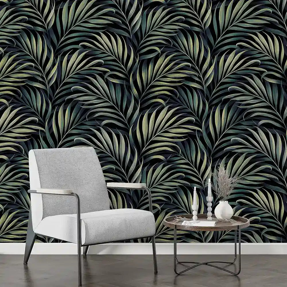 Luxury jungle wallpaper full bedroom wall, exotic dark palm and monstera leaf design