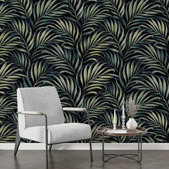 Luxury jungle wallpaper full bedroom wall, exotic dark palm and monstera leaf design