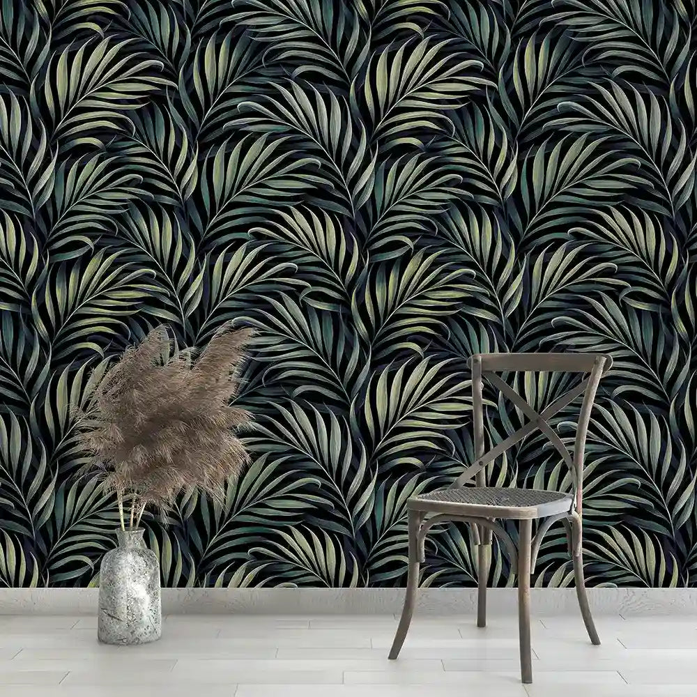 Dark tropical palm removable wallpaper bedroom installation, bold jungle canopy wall