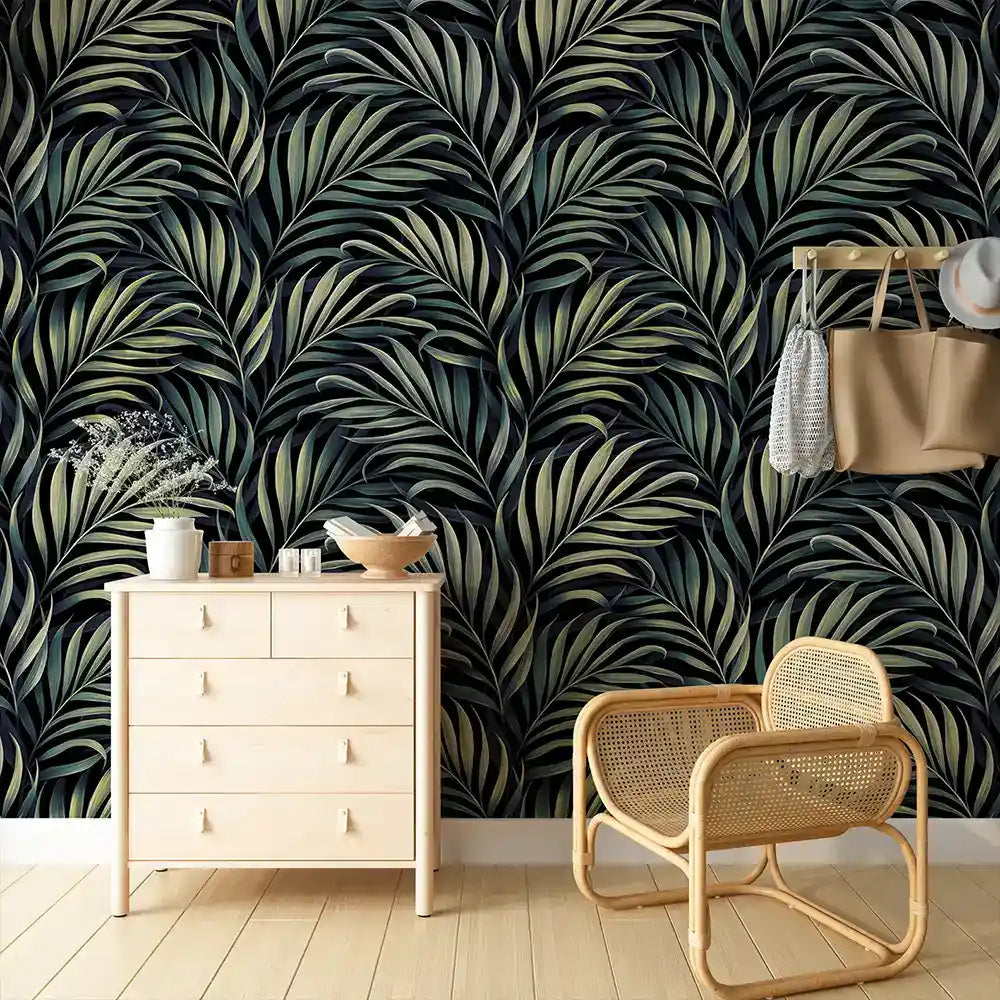 Dark jungle palm wallpaper close-up showing dramatic charcoal and olive leaf arrangement