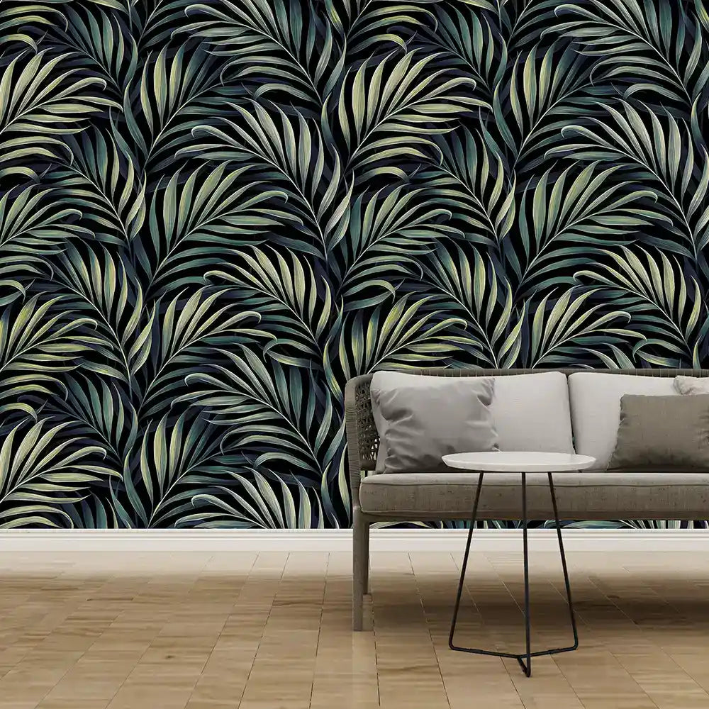 Jungle wallpaper sample tile showing deep charcoal botanical pattern scale and texture