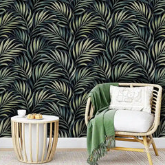 Dark palm peel-and-stick wallpaper in living room, dramatic tropical accent feature wall