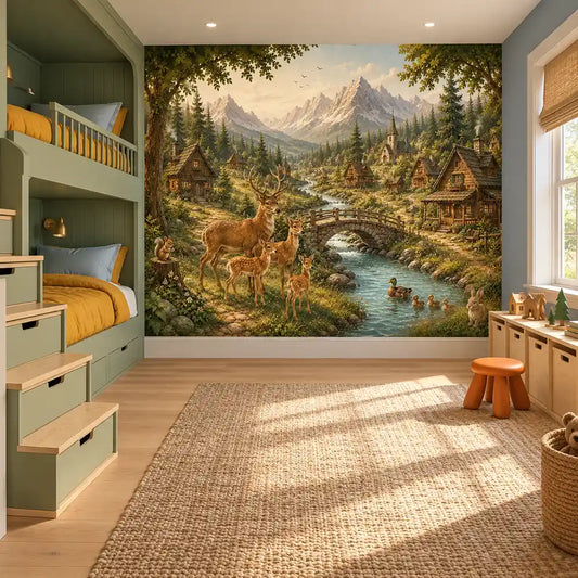 Deer Valley village wall mural with mountain stream behind built-in bunk beds in a kids room
