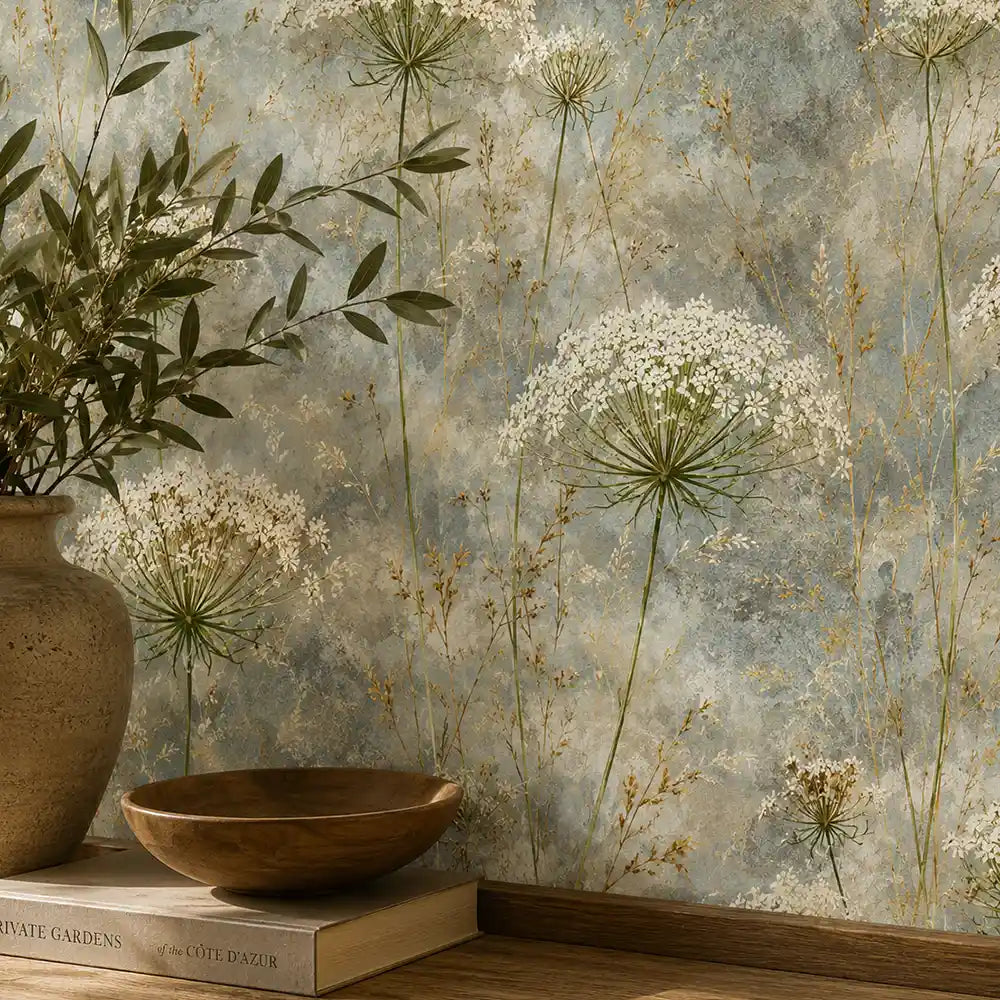 Delicate blue mist queen annes lace wallpaper on a bedroom feature wall.