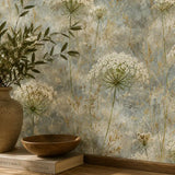 Delicate blue mist queen annes lace wallpaper on a bedroom feature wall.