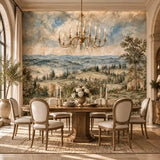 Dining room with chandelier and a peel and stick Tuscan countryside fresco mural
