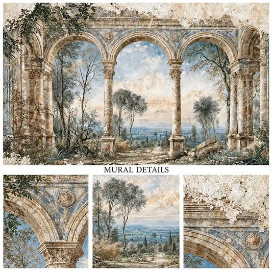 Mural details of distressed plaster arches, columns and a hazy Tuscan valley view
