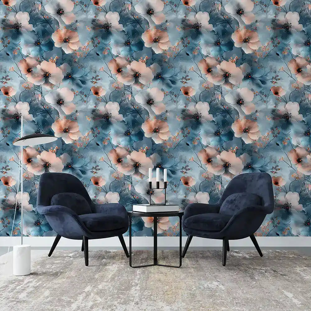 Blue watercolor floral peel-and-stick wallpaper full bedroom wall installation view