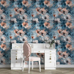Blue watercolor wallpaper texture close-up, canvas smooth finish with soft floral motifs