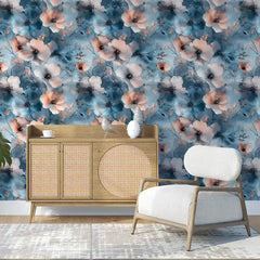 Soft blue botanical wallpaper in living room, dreamy watercolor floral accent wall