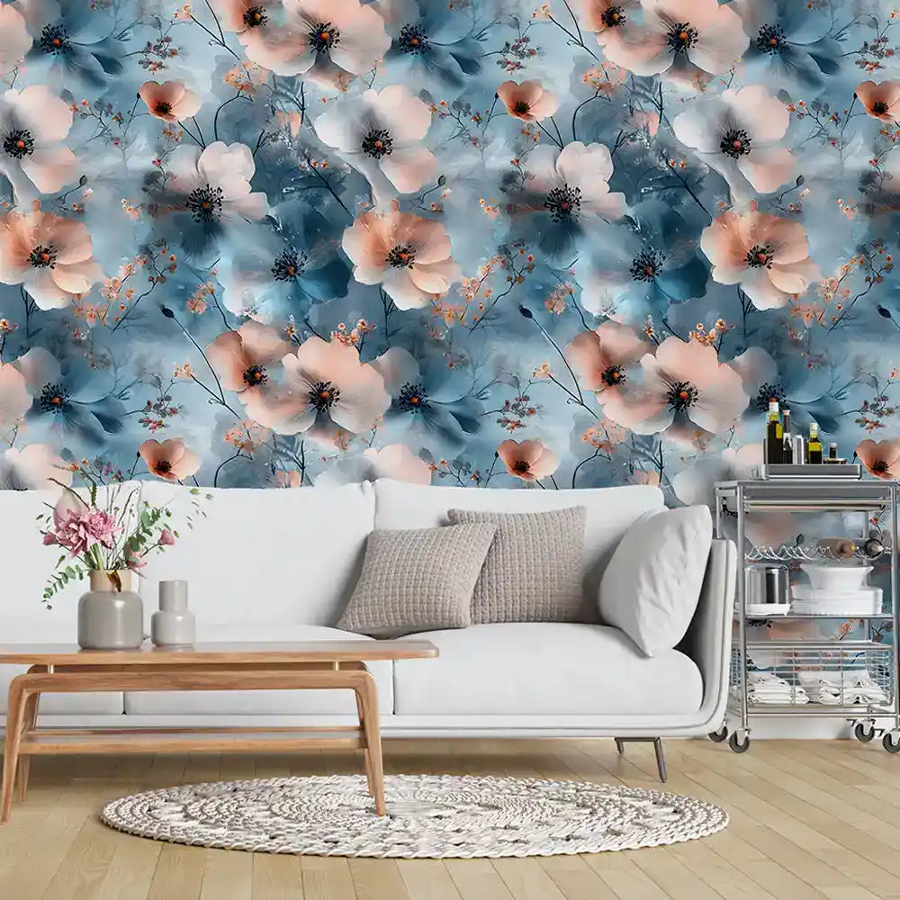 Dreamy floral removable wallpaper sample tile showing muted blue blossom pattern scale