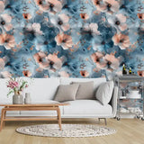 Dreamy floral removable wallpaper sample tile showing muted blue blossom pattern scale
