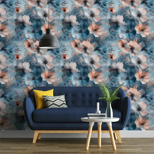 Dreamy blue floral wallpaper close-up with watercolor blossom and soft indigo detail