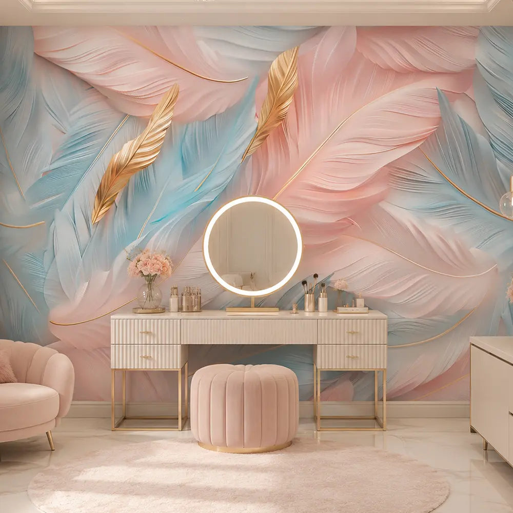 Feather mural wallpaper behind a dressing table with lighted round mirror