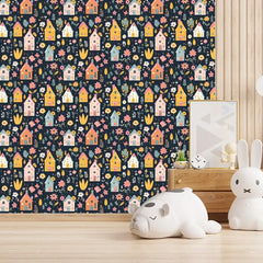 Durable colorful houses and floral kids room nursery wallpaper lasts long.