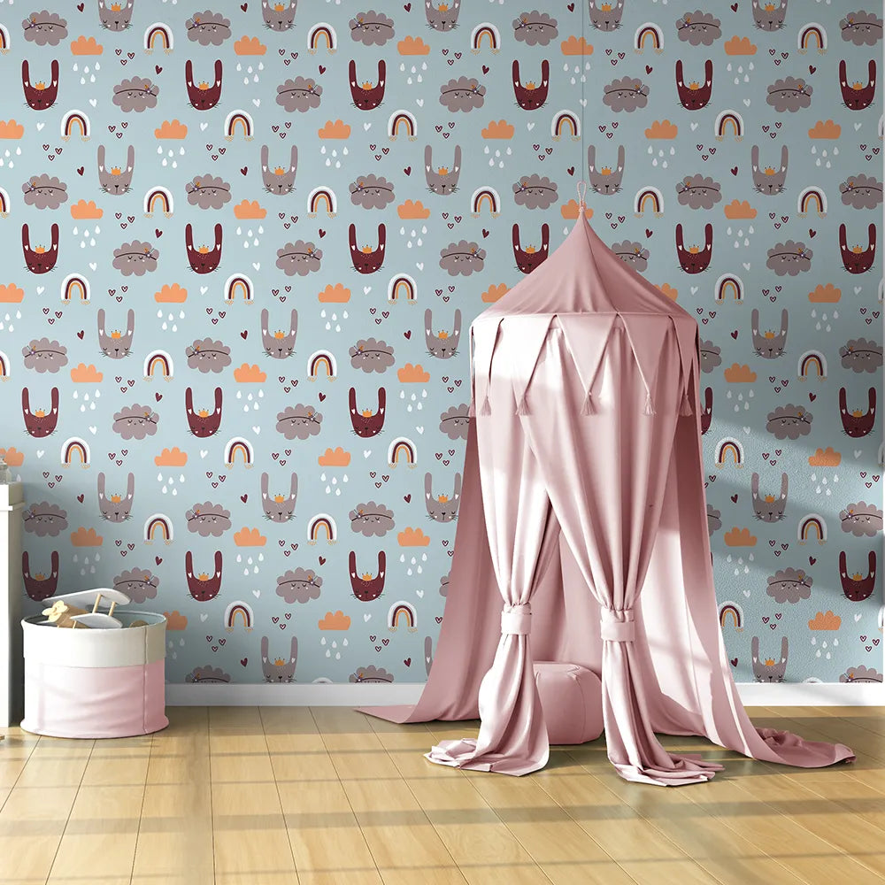 Durable dreamy bunny and rainbow kids room nursery wallpaper works in playrooms.