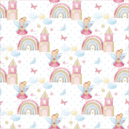 Durable fairy princess rainbow castle kids room wallpaper suits daily use.