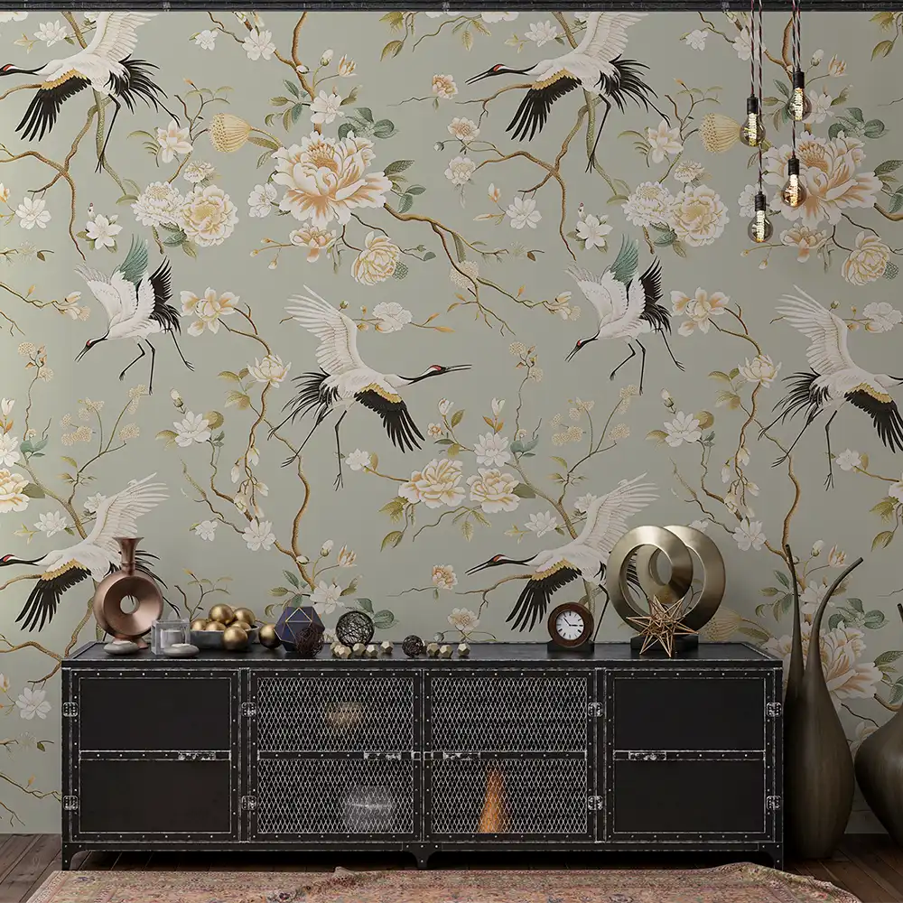 Durable sage green chinoiserie crane wallpaper sticker for wall decor ensures lasting beauty.